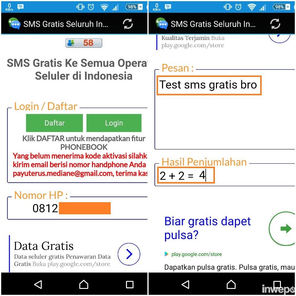 Cara mengirim SMS gratis ke semua operator DI android.