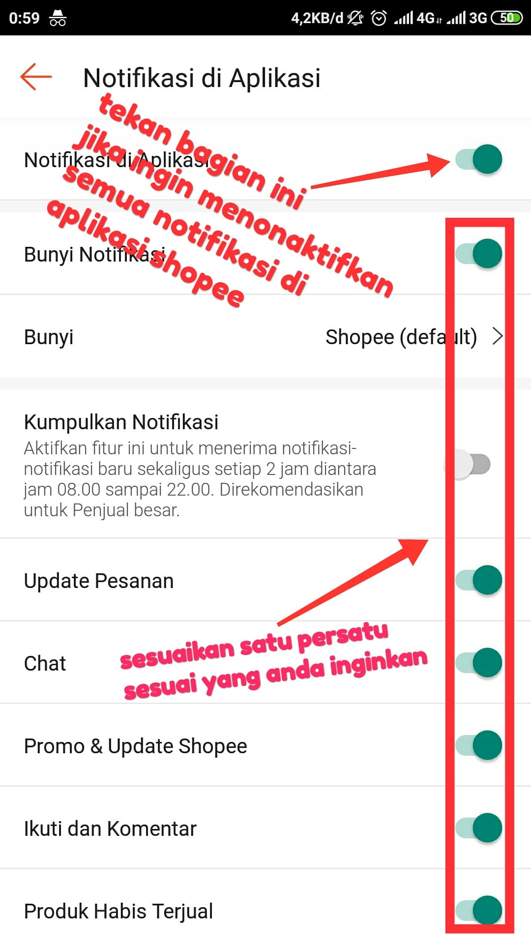 Cara mengatur dan menonaktifkan notifikasi aplikasi Shopee di android