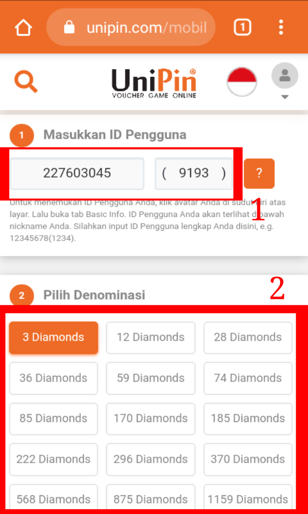 Masukan ID dan jumlah diamond
