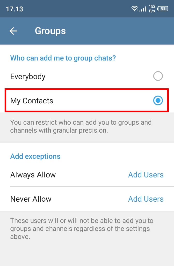 Cara Mencegah Orang Menambahkan Anda ke Grup Telegram