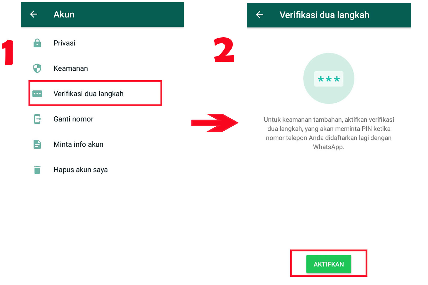 pilih verifikasi dua langkah pada menu whatsapp